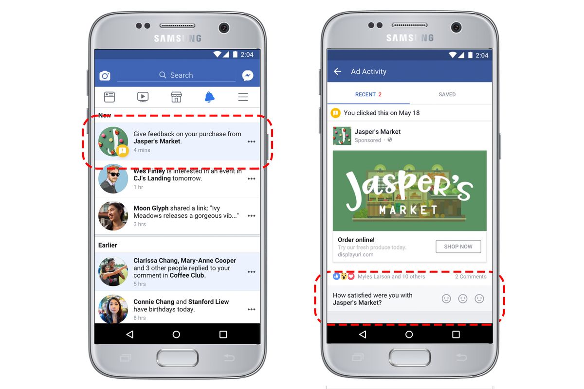 mockup image of a Samsung cellphone with Facebook app open on the phone and showing examples of how a customer will be asked to give feedback about a purchase made from Jasper's Market