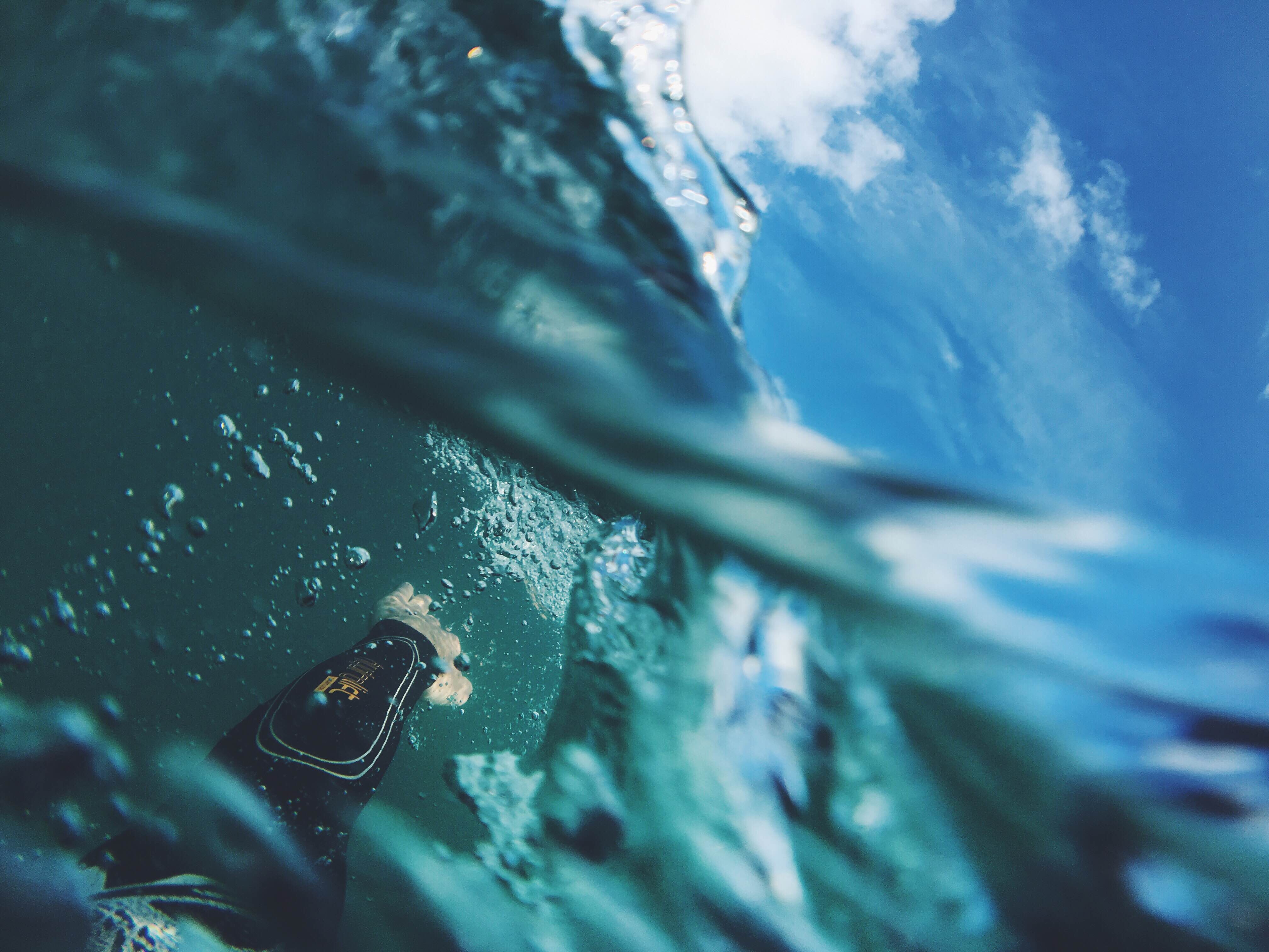 Showing up on social media without a plan is like treading water in the ocean. Eventually you'll burn out. View of swimming under green and blue water.