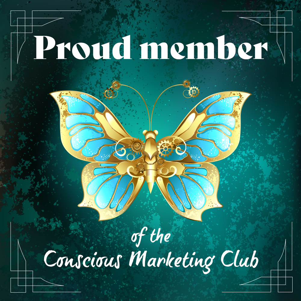 Proud member of the Conscious Marketing Club written on a green background with a steampunk butterfly in the middle